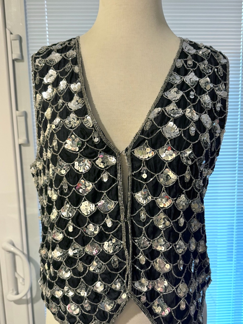 Vintage Silver Sequin Embellished V-Neck Vest L